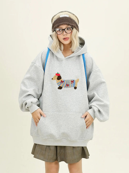 Cartoon Dog Embroidery Hooded Pullover
