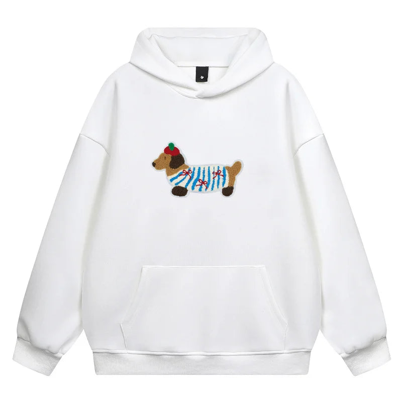 Cartoon Dog Embroidery Hooded Pullover