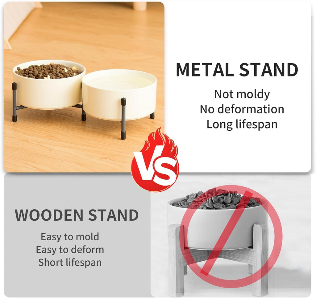 32oz Ceramic Dog & Cat Bowls with Metal Stand – Elevated, Non-Slip Feeding Station (Set of 2)