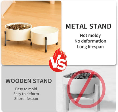 32oz Ceramic Dog & Cat Bowls with Metal Stand – Elevated, Non-Slip Feeding Station (Set of 2)
