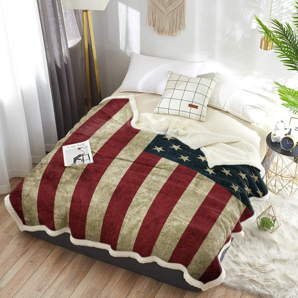 US Flag Sherpa Fleece Blanket, Super Thick and 50 X 60 Inches American Flag