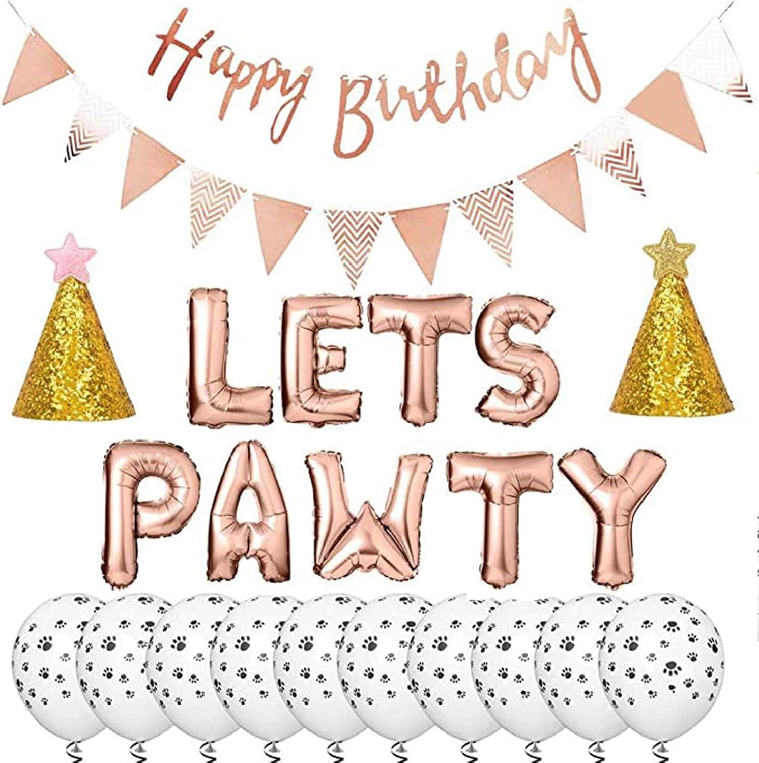 🎉🐾 Pet Birthday Party Decoration Kit for Dogs & Cats 🎂✨ Includes Latex Balloons, Sequined & Paw Balloons, LETS PAWTY Foil Balloon, Happy Birthday Banner, Triangle Flag Banner & 2 Conical Party Hats 🎈 Perfect Dog & Cat Party Supplies
