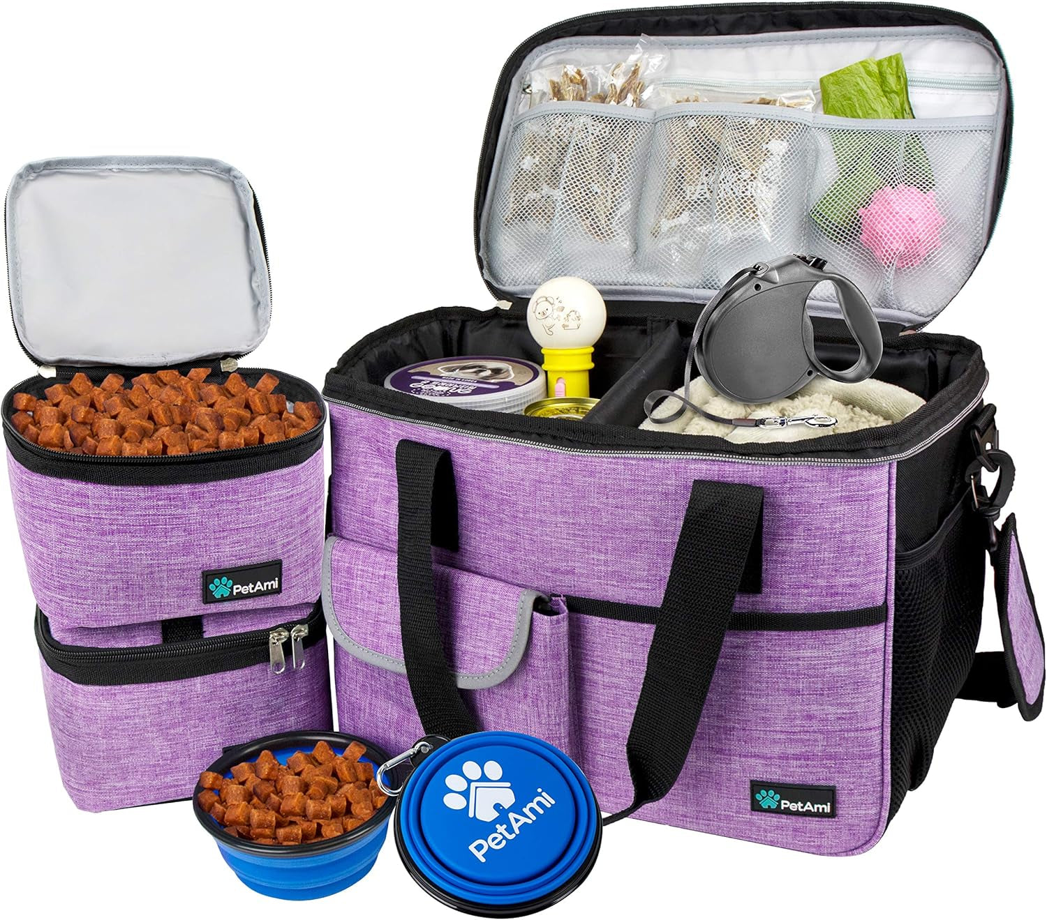 Dog Travel Bag Organizer – Pet Travel Set with Food Container & Bowls, Weekend Camping Supplies