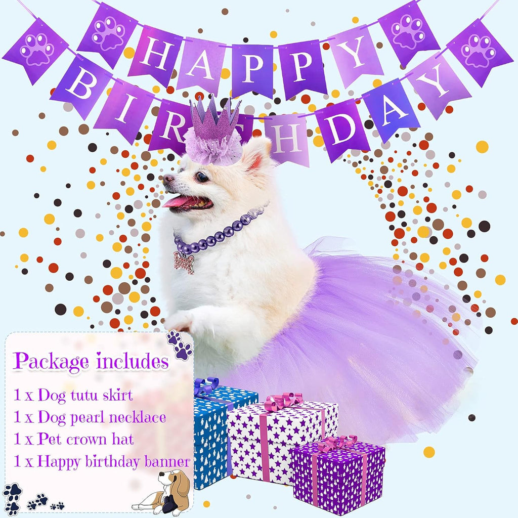 🎉🐾 Pet Birthday Outfit Set for Dogs & Cats 🎂💖 4-Piece Party Costume Includes Tutu Skirt 🎀 Crown Hat 👑 Pearl Necklace 💎  Birthday Banner 🎈 Adjustable & Adorable Pet Party Accessories for Small & Medium Breeds 🐶🐱 Perfect Gift for Any Celebration ✨