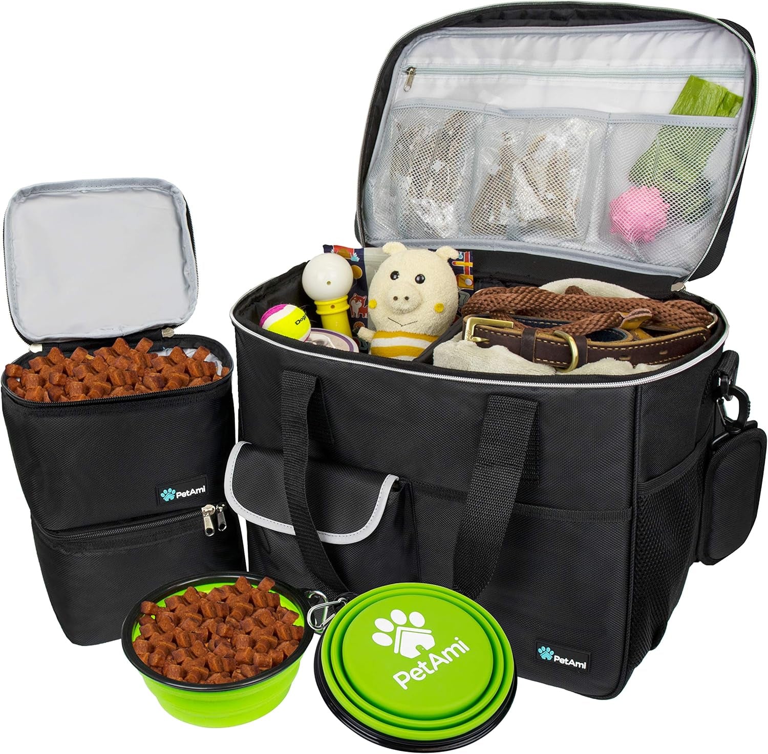 Dog Travel Bag Organizer – Pet Travel Set with Food Container & Bowls, Weekend Camping Supplies
