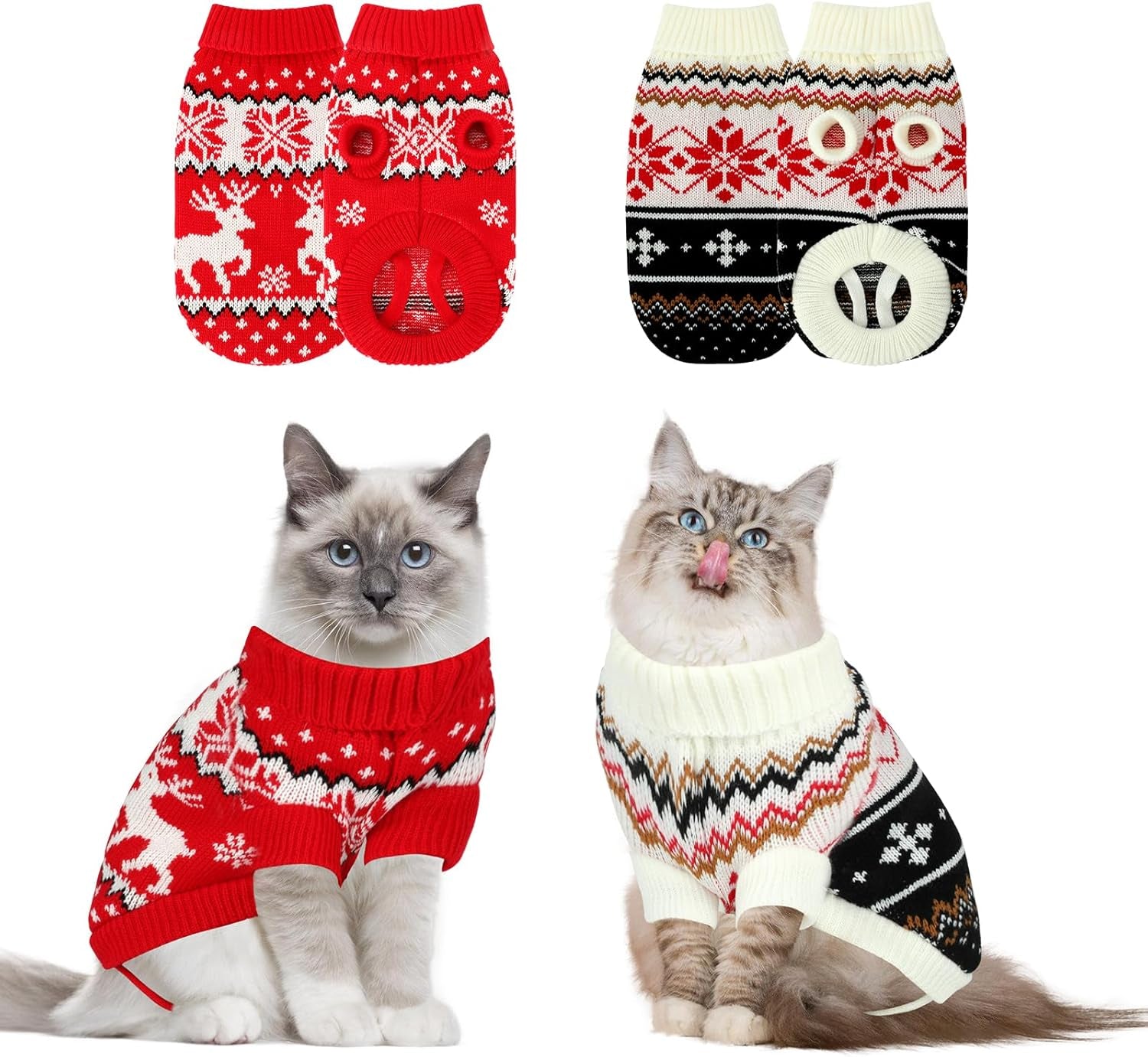 Pet Christmas Sweaters 2 Pack | Cat Sweater Winter Knitwear | Dog Sweater for Small Dogs | Warm Reindeer Snowflake Pet Clothes