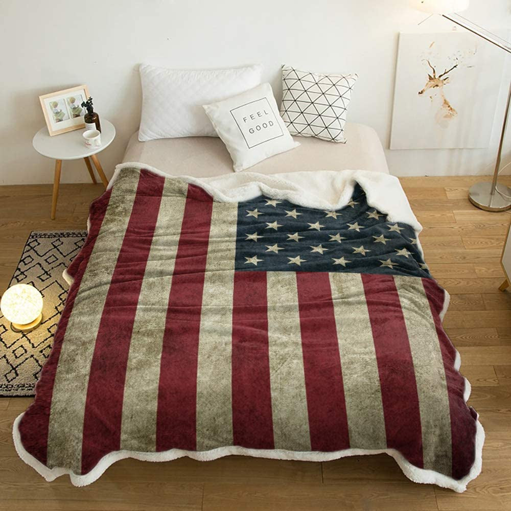 US Flag Sherpa Fleece Blanket, Super Thick and 50 X 60 Inches American Flag