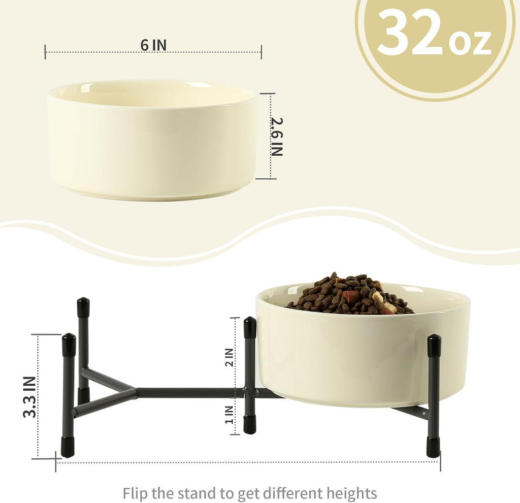 32oz Ceramic Dog & Cat Bowls with Metal Stand – Elevated, Non-Slip Feeding Station (Set of 2)