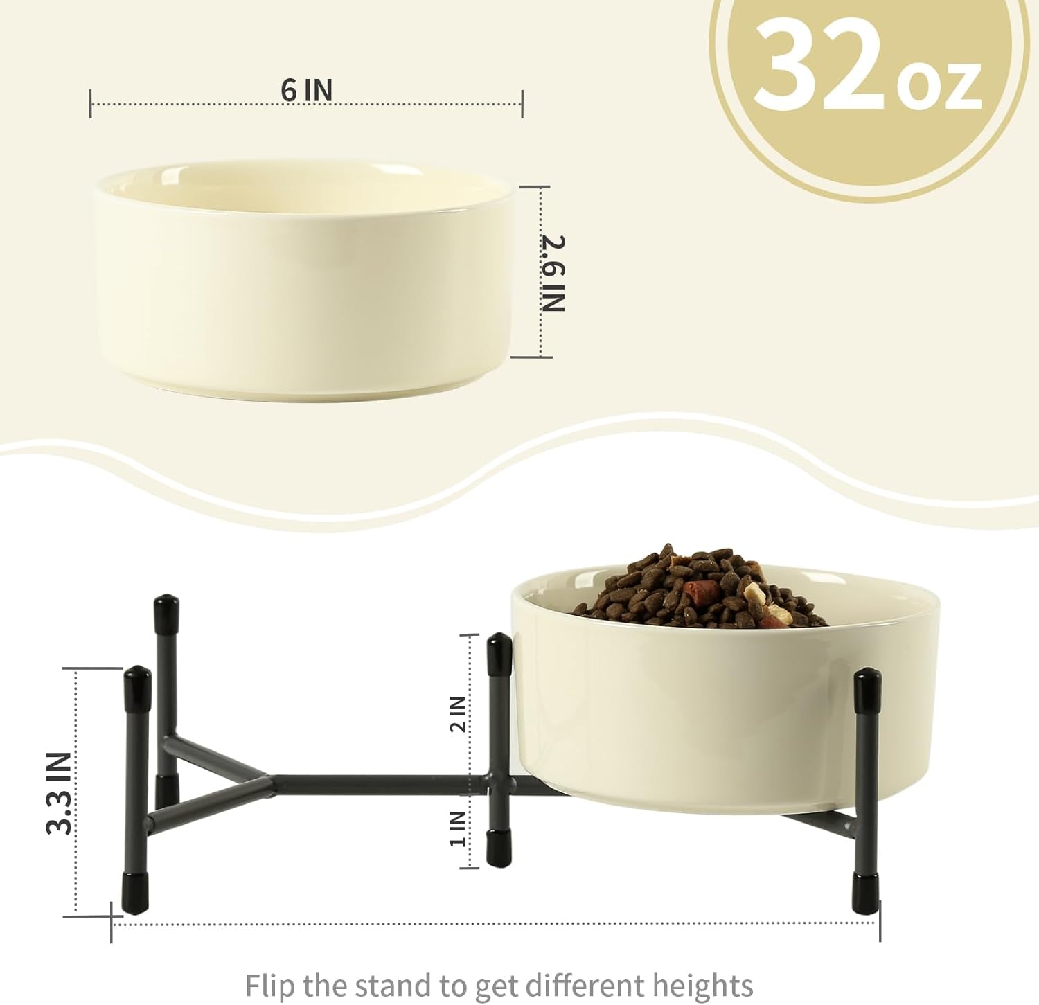 32oz Ceramic Dog & Cat Bowls with Metal Stand – Elevated, Non-Slip Feeding Station (Set of 2)