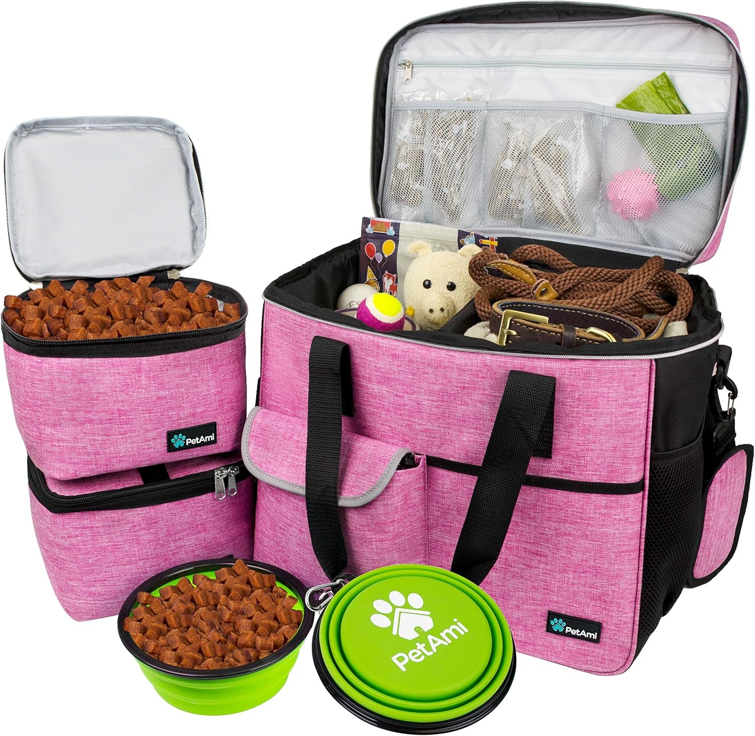 Dog Travel Bag Organizer – Pet Travel Set with Food Container & Bowls, Weekend Camping Supplies