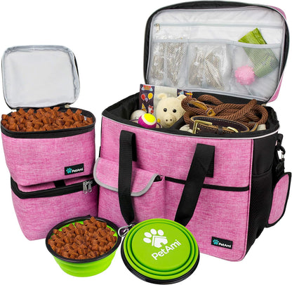 Dog Travel Bag Organizer – Pet Travel Set with Food Container & Bowls, Weekend Camping Supplies
