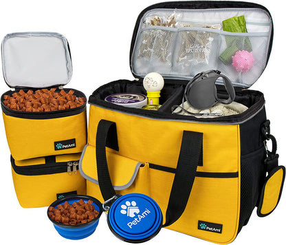 Dog Travel Bag Organizer – Pet Travel Set with Food Container & Bowls, Weekend Camping Supplies