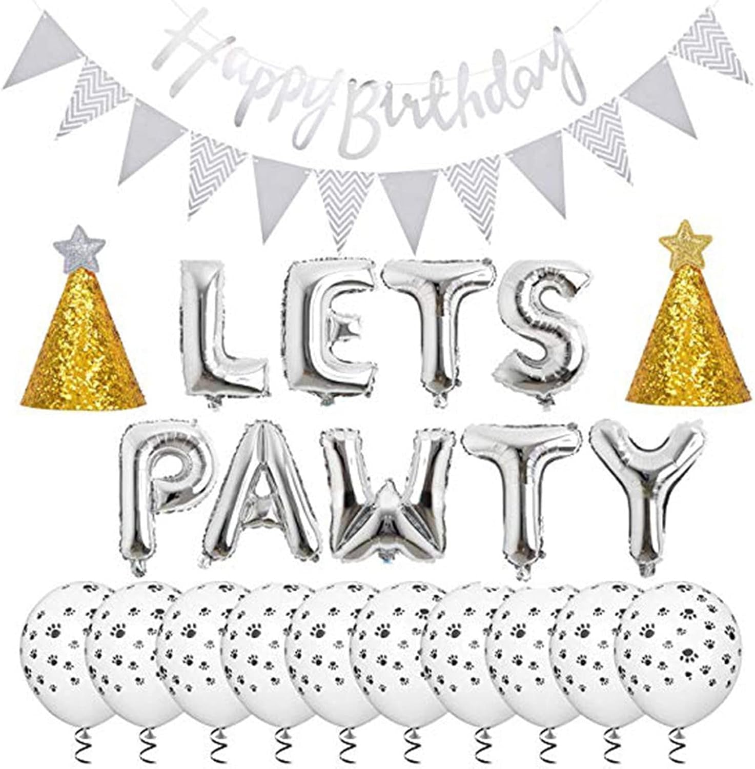 🎉🐾 Pet Birthday Party Decoration Kit for Dogs & Cats 🎂✨ Includes Latex Balloons, Sequined & Paw Balloons, LETS PAWTY Foil Balloon, Happy Birthday Banner, Triangle Flag Banner & 2 Conical Party Hats 🎈 Perfect Dog & Cat Party Supplies