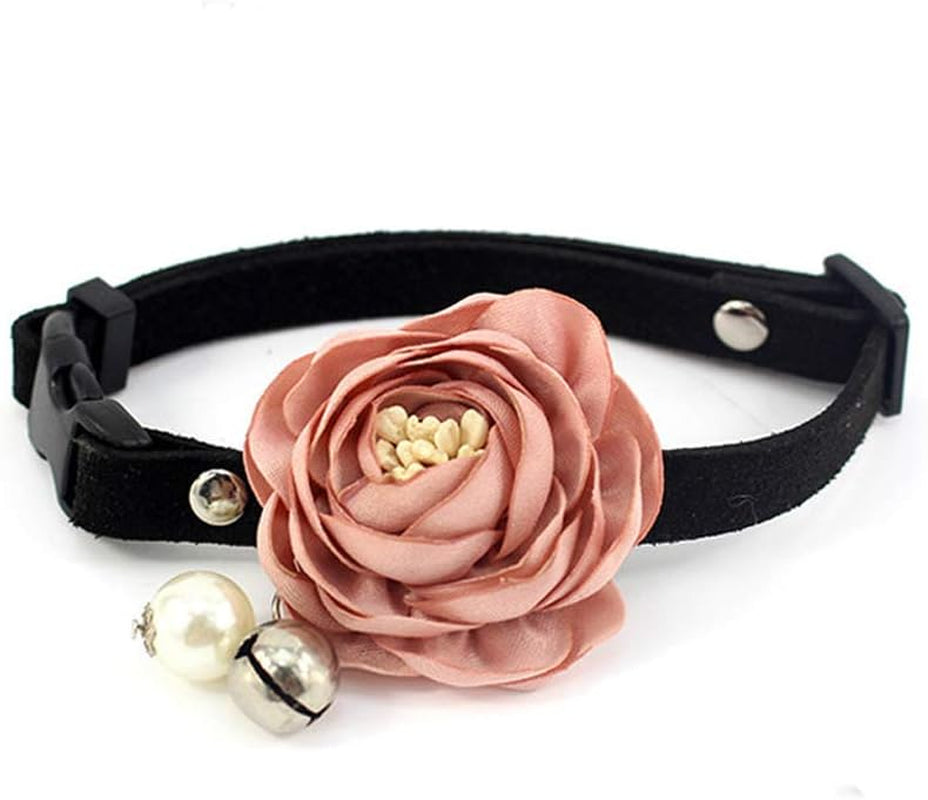 Peony Flower Pet Collar Bow Tie with Bell & Pearl – Handmade Suede Cat Dog Necklace