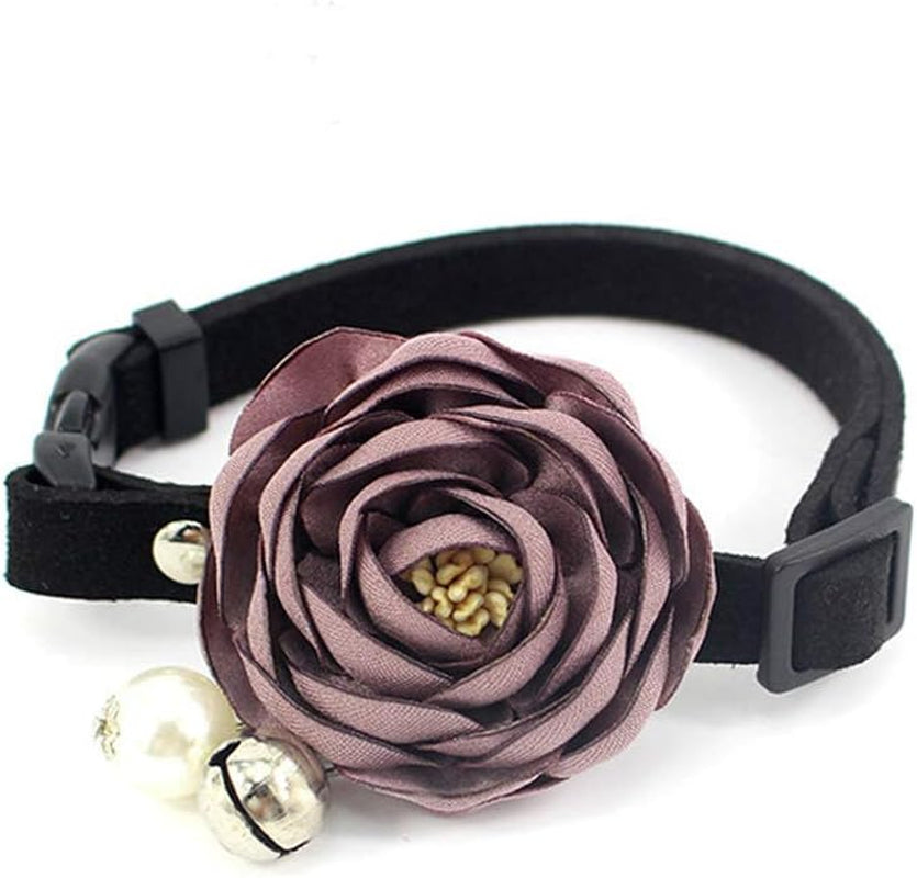Peony Flower Pet Collar Bow Tie with Bell & Pearl – Handmade Suede Cat Dog Necklace
