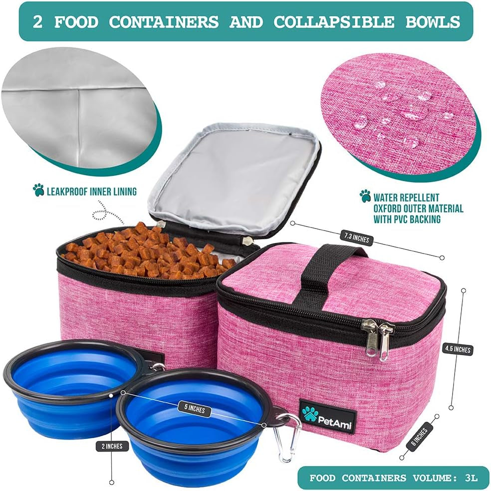Dog Travel Bag Organizer – Pet Travel Set with Food Container & Bowls, Weekend Camping Supplies