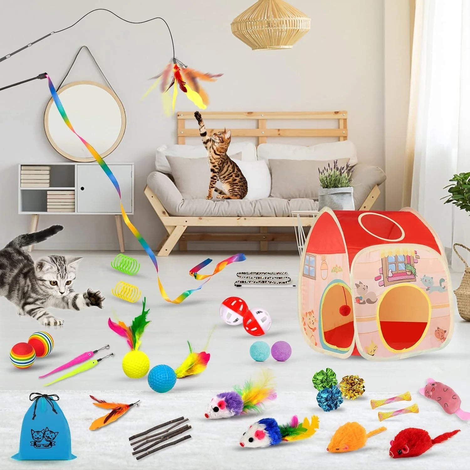 34 PCS Interactive Cat Toys Set with Tunnel