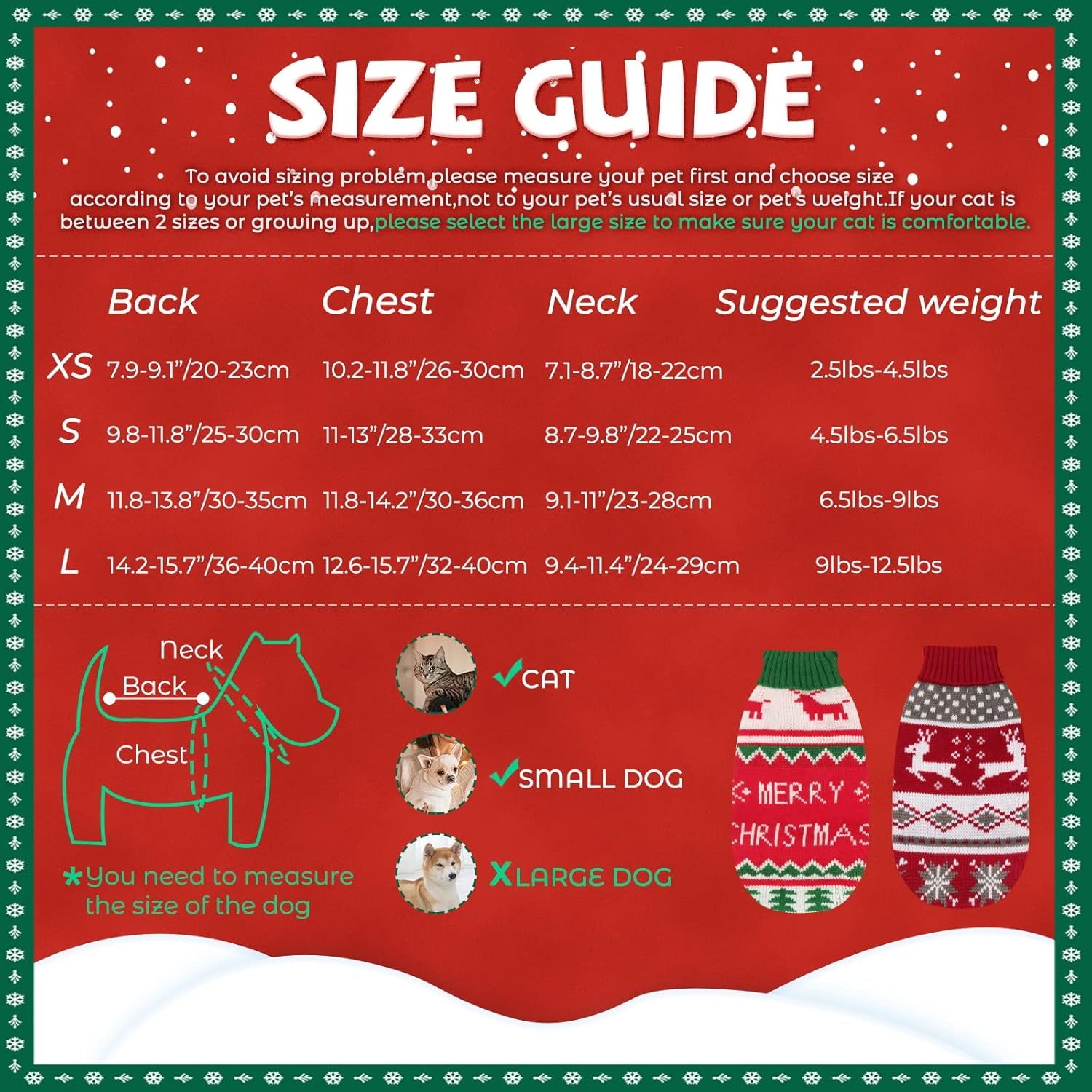 Pet Christmas Sweaters 2 Pack | Cat Sweater Winter Knitwear | Dog Sweater for Small Dogs | Warm Reindeer Snowflake Pet Clothes