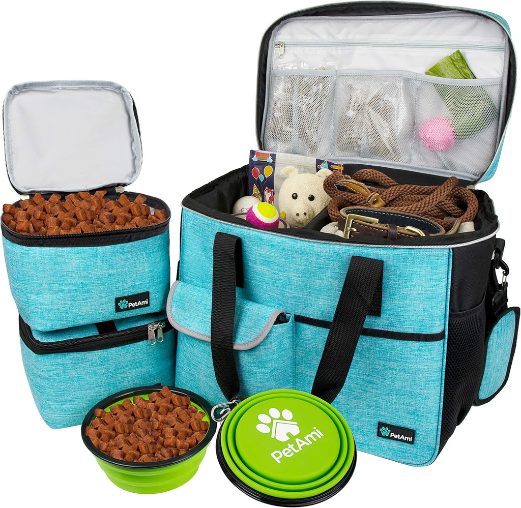 Dog Travel Bag Organizer – Pet Travel Set with Food Container & Bowls, Weekend Camping Supplies