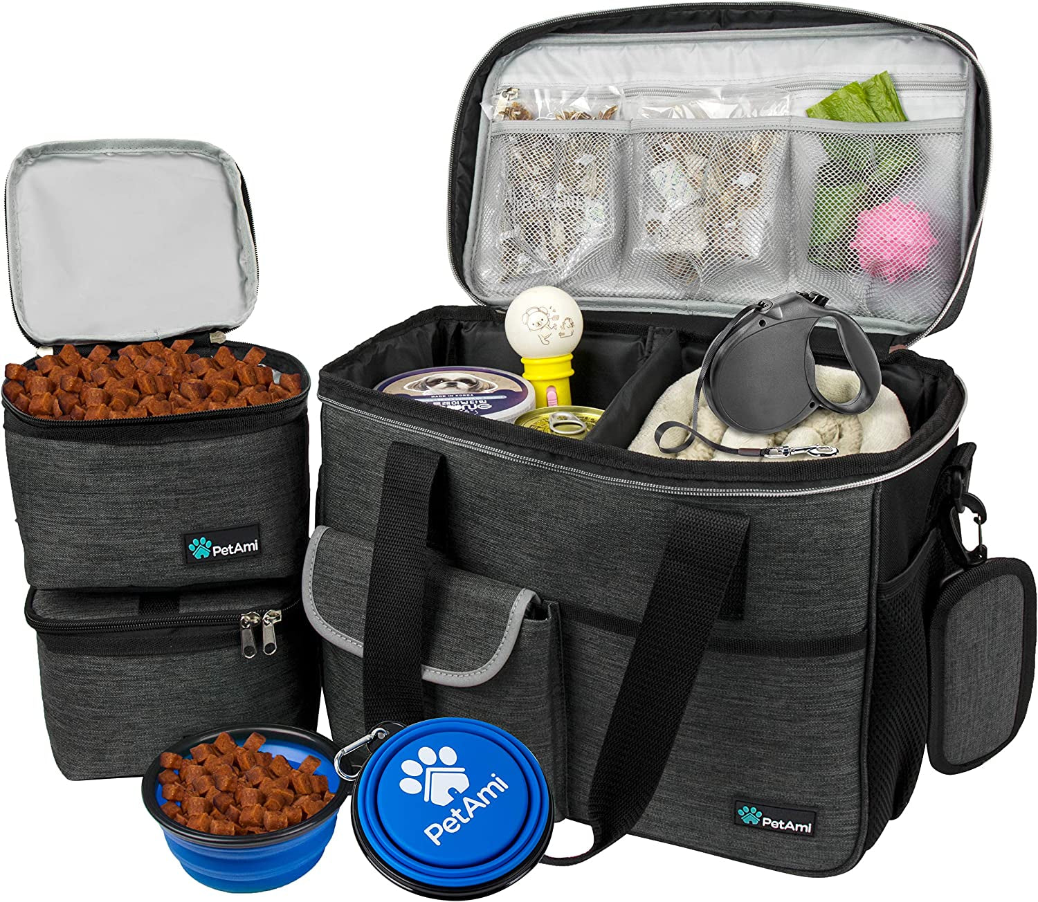 Dog Travel Bag Organizer – Pet Travel Set with Food Container & Bowls, Weekend Camping Supplies