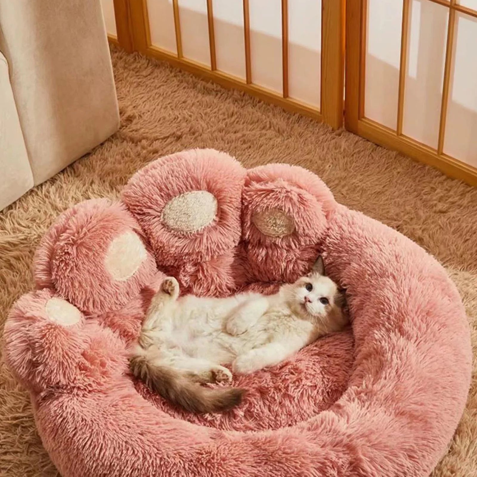 Soft Fluffy Pet Bed Sofa for Dogs & Cats – Cozy Faux Fur Cushion, Cute Pink Dog Bed 23.6”