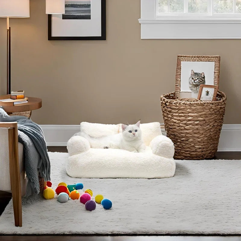 Sherpa Pet Couch Bed, Washable Cat Bed for Indoor Cats, Calming Cat Couch, Fluffy Pet Sofa Bed Puppy Sleeping Bed, Dog Couch for Medium Small Dogs & Cats