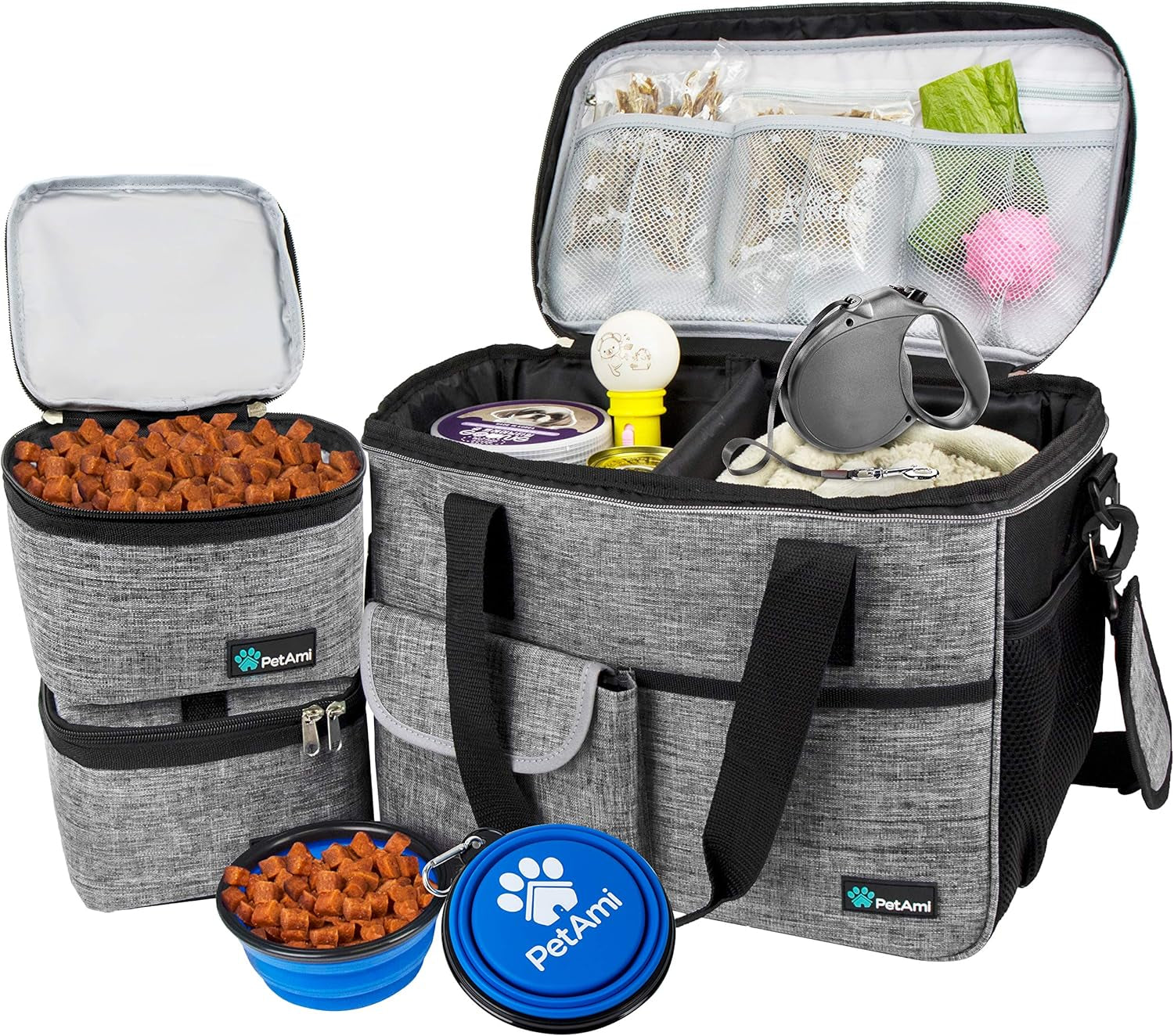Dog Travel Bag Organizer – Pet Travel Set with Food Container & Bowls, Weekend Camping Supplies