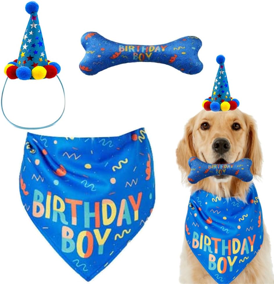 🎉🐾 Dog Birthday Outfit Set – Bandana, Hat & Squeaky Toy, Party Gift 🎊