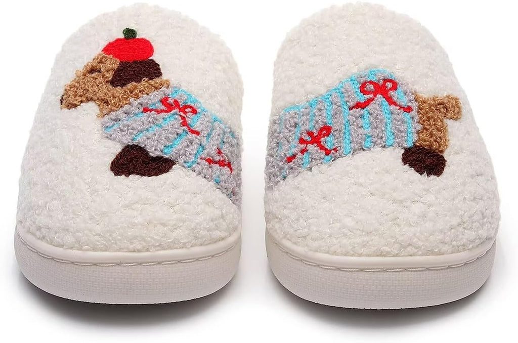 Cute Cartoon Dog Embroidery Winter Slippers – Plush Lined Cozy Cotton Shoes
