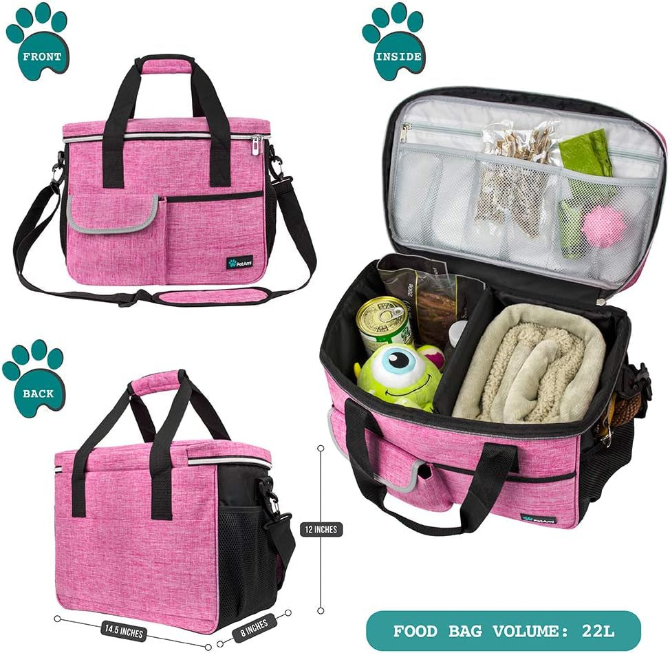 Dog Travel Bag Organizer – Pet Travel Set with Food Container & Bowls, Weekend Camping Supplies