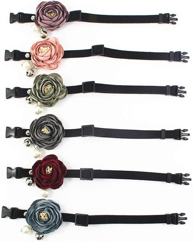 Peony Flower Pet Collar Bow Tie with Bell & Pearl – Handmade Suede Cat Dog Necklace