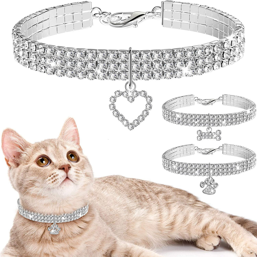 3Pcs Bling Rhinestone Pet Collars – Adjustable Crystal Cat & Dog Collars with Glitter Pendant (White)