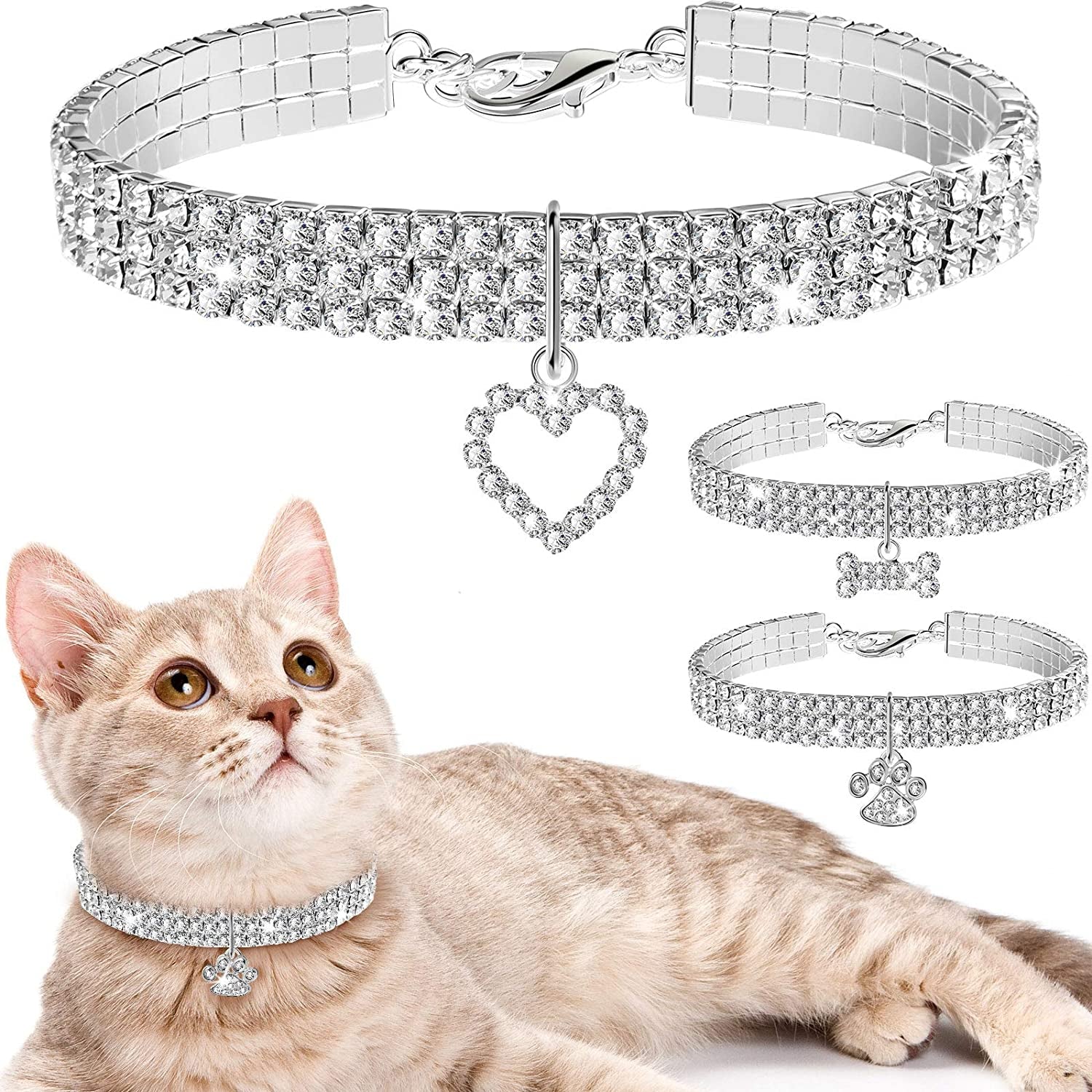 3Pcs Bling Rhinestone Pet Collars – Adjustable Crystal Cat & Dog Collars with Glitter Pendant (White)