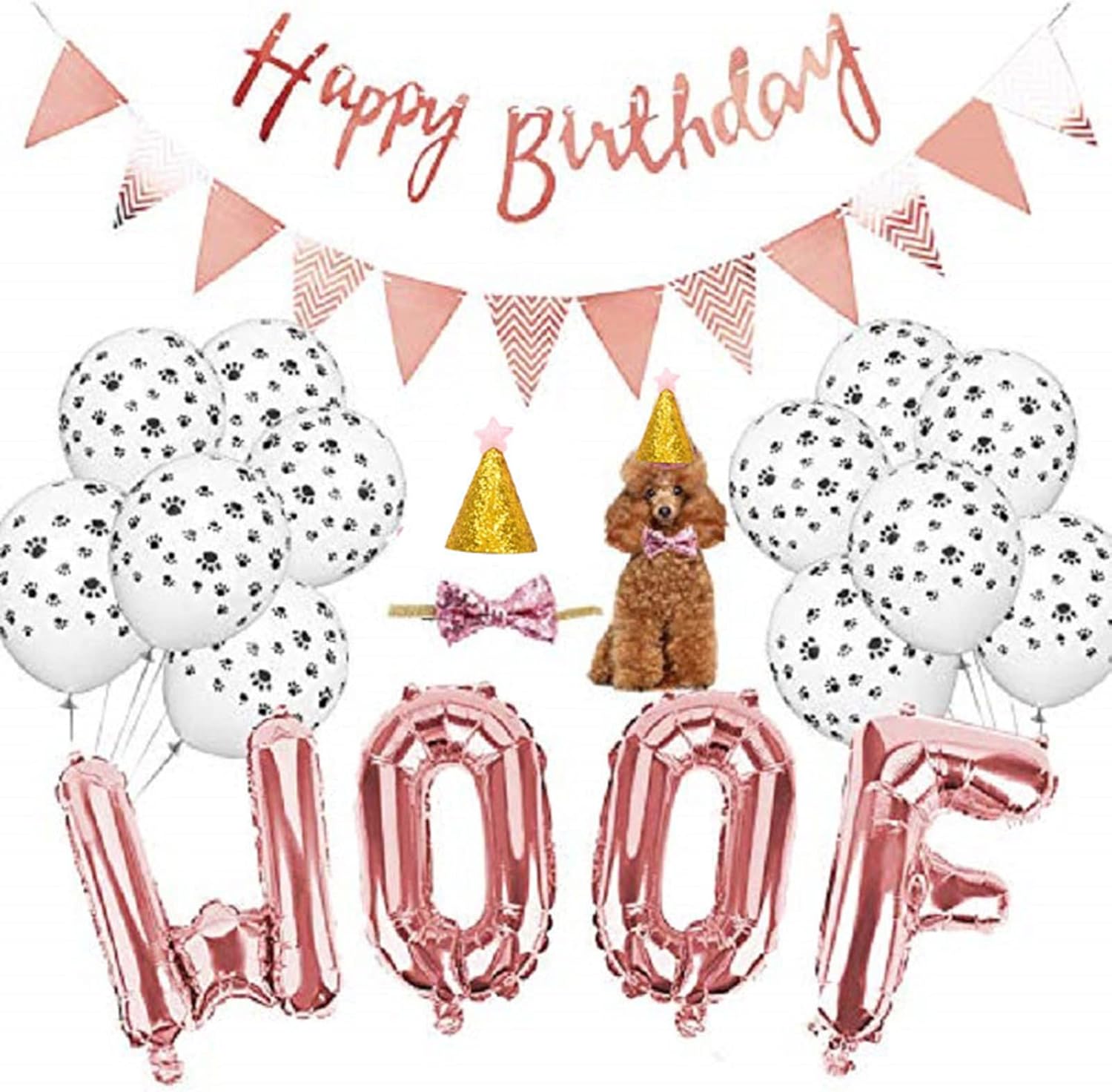 🎉🐾 Pet Birthday Party Kit – Balloons, Paw Print & W-O-O-F Foil Balloons, Banner & Party Hats 🎂