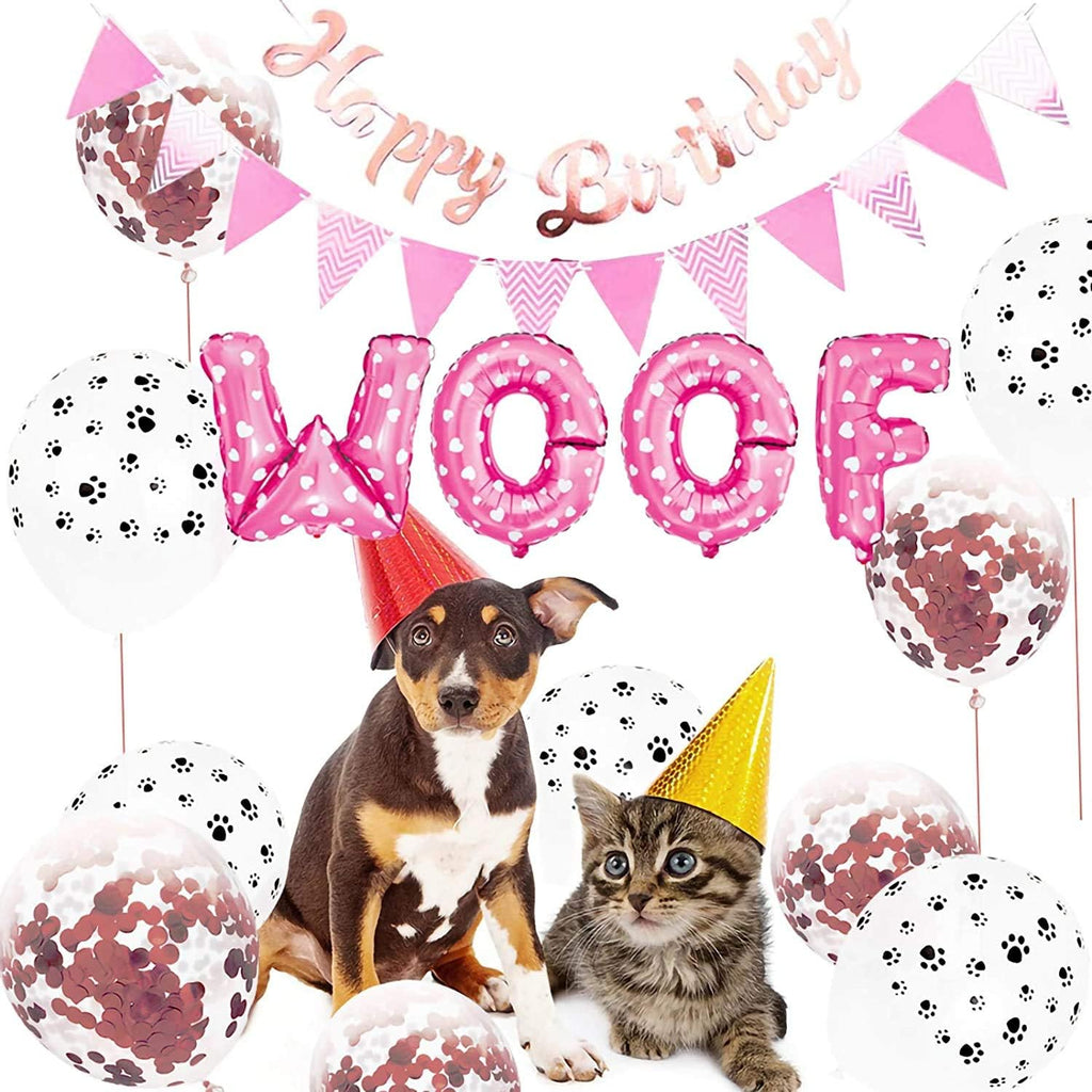 🎉🐾 Pet Birthday Party Kit – Balloons, Paw Print & W-O-O-F Foil Balloons, Banner & Party Hats 🎂
