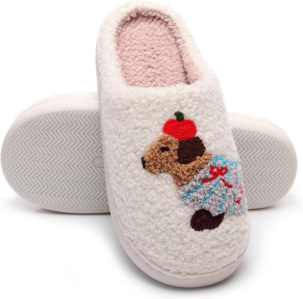 Cute Cartoon Dog Embroidery Winter Slippers – Plush Lined Cozy Cotton Shoes