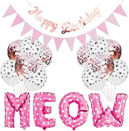 🎉🐱 Cat Birthday Party Kit – Balloons, Banner & Triangle Flags 🎂✨