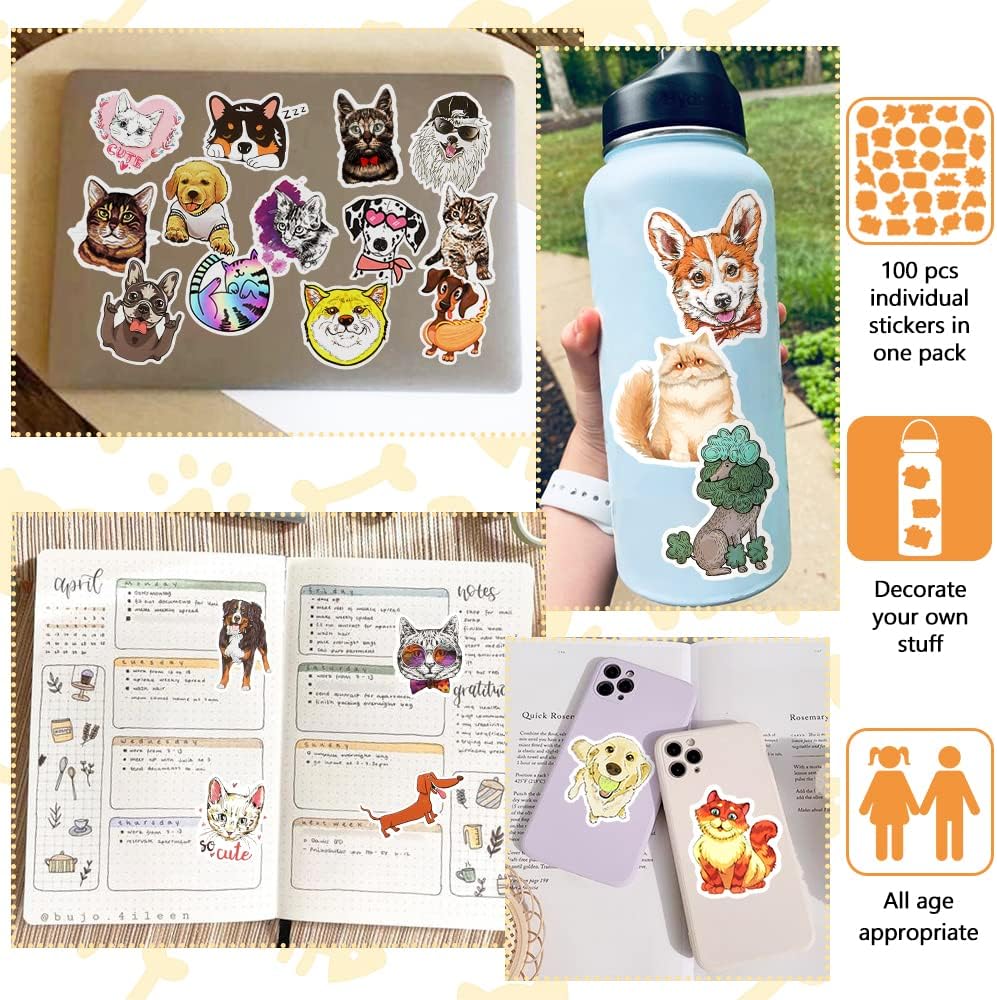 🎨✨ 100PCS Dog & Cat Stickers – Cute Waterproof Vinyl