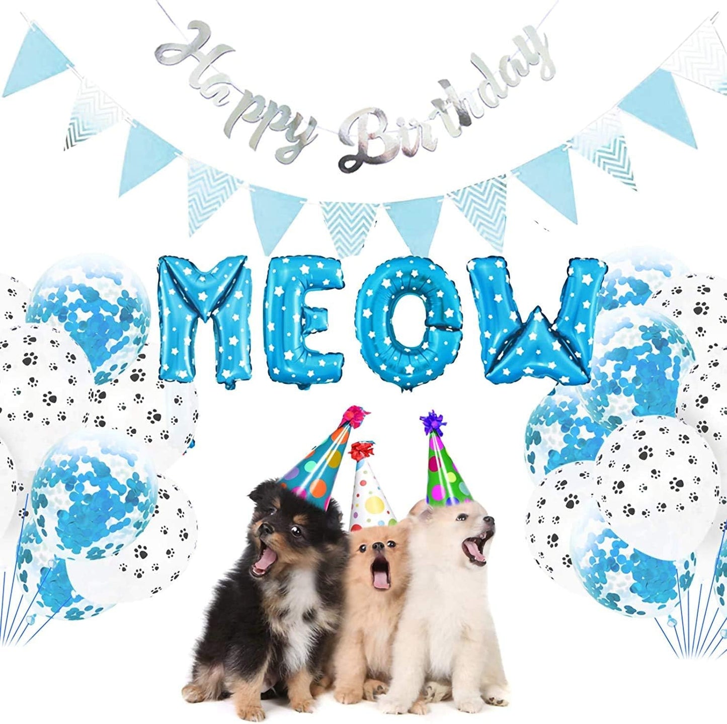 🎉🐱 Cat Birthday Party Kit – Balloons, Banner & Triangle Flags 🎂✨