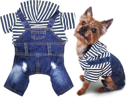 Pet Denim Jumpsuit Dog Overalls Jeans Hoodie Cool Blue Coat for Small & Medium Dogs – Classic Vintage Washed Jacket Puppy Vest
