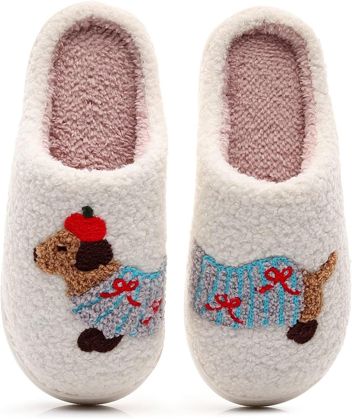 Cute Cartoon Dog Embroidery Winter Slippers – Plush Lined Cozy Cotton Shoes