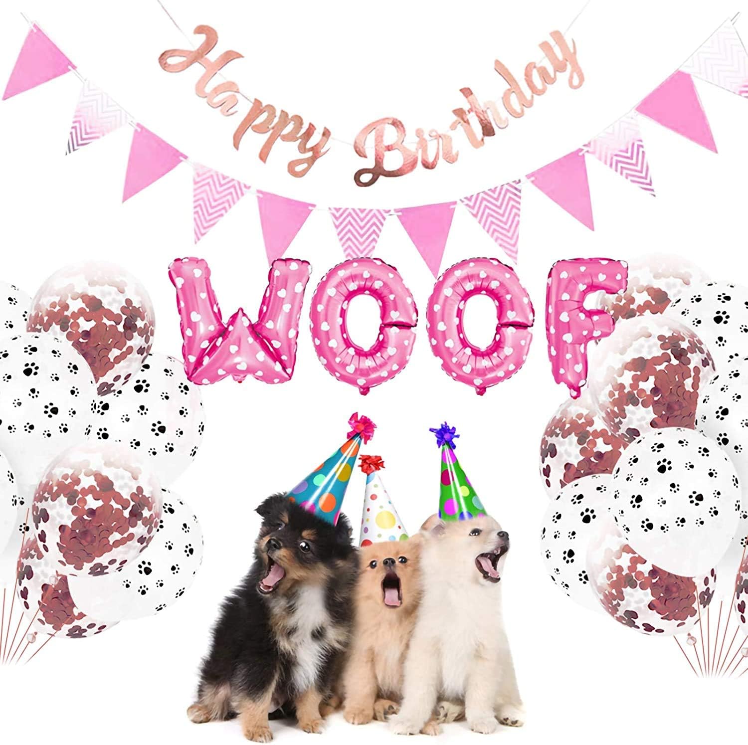 🎉🐾 Pet Birthday Party Kit – Balloons, Paw Print & W-O-O-F Foil Balloons, Banner & Party Hats 🎂