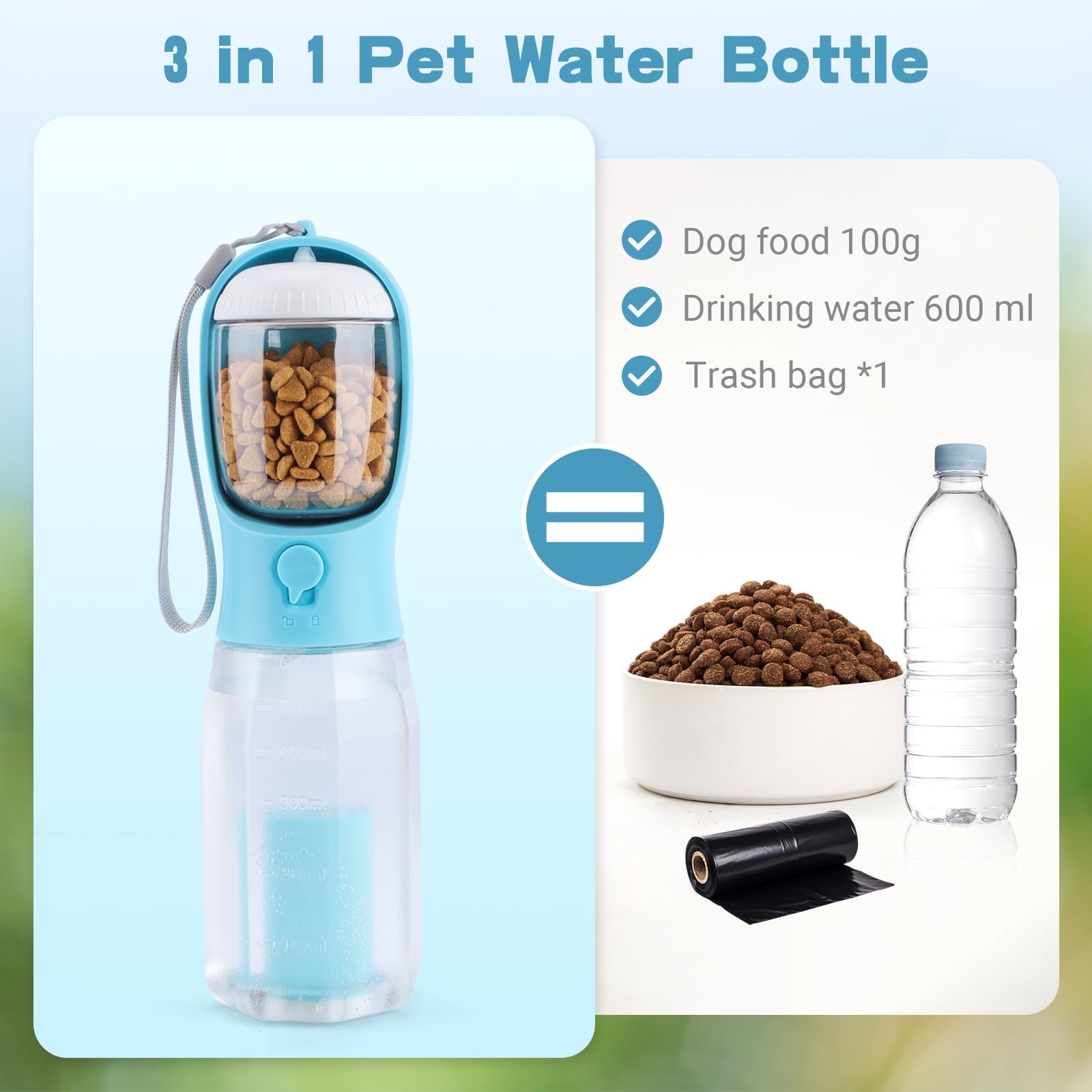 3-in-1 Dog Water Bottle & Food Container – Portable Travel Dispenser for Walking & Hiking