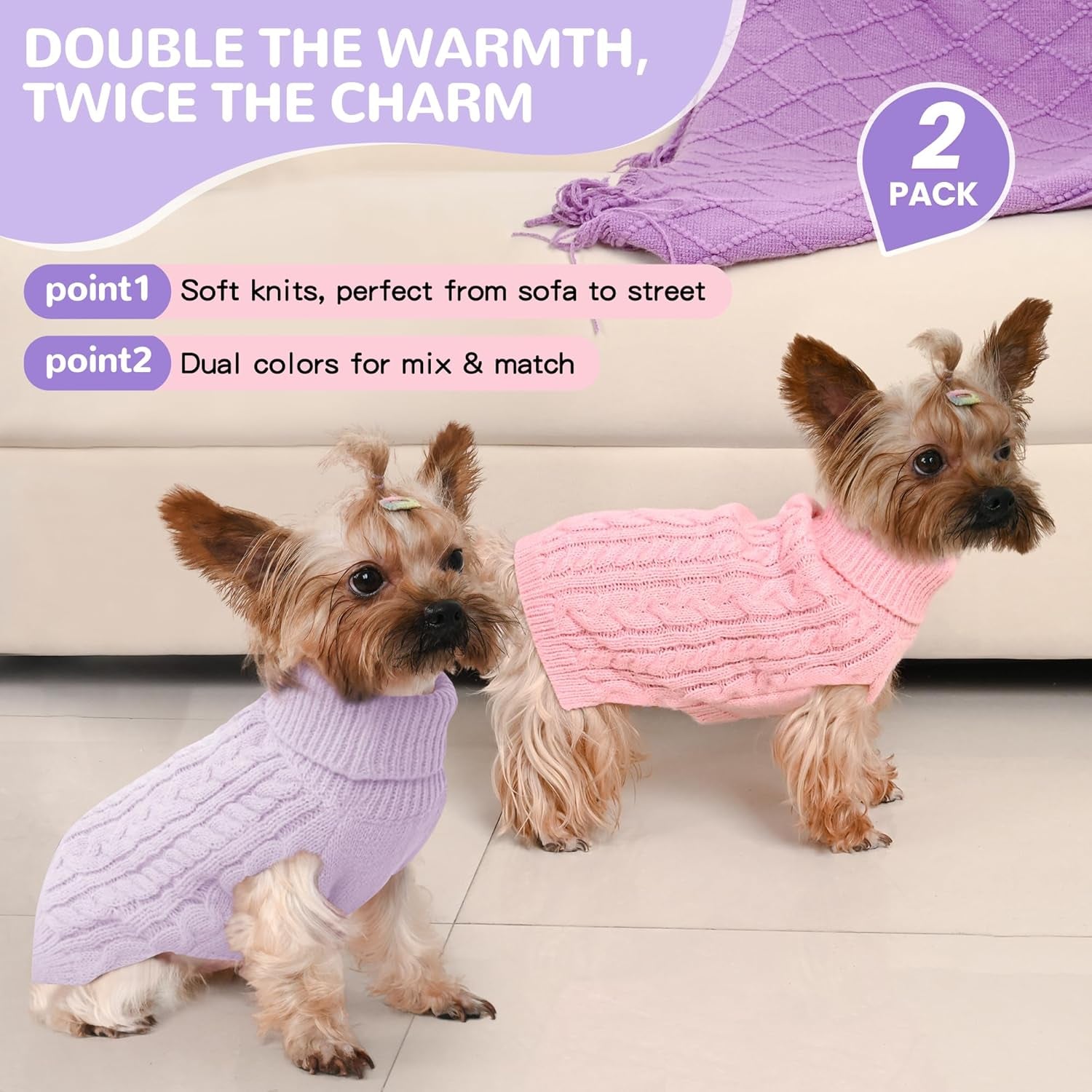 2 Pack Dog Sweaters – Winter Cable Knit Turtleneck