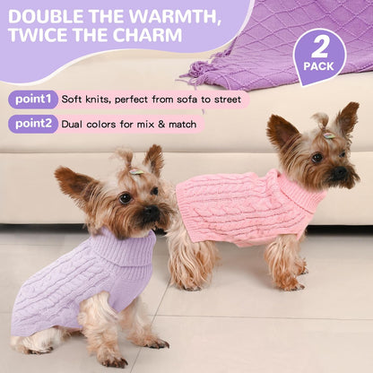 2 Pack Dog Sweaters – Winter Cable Knit Turtleneck