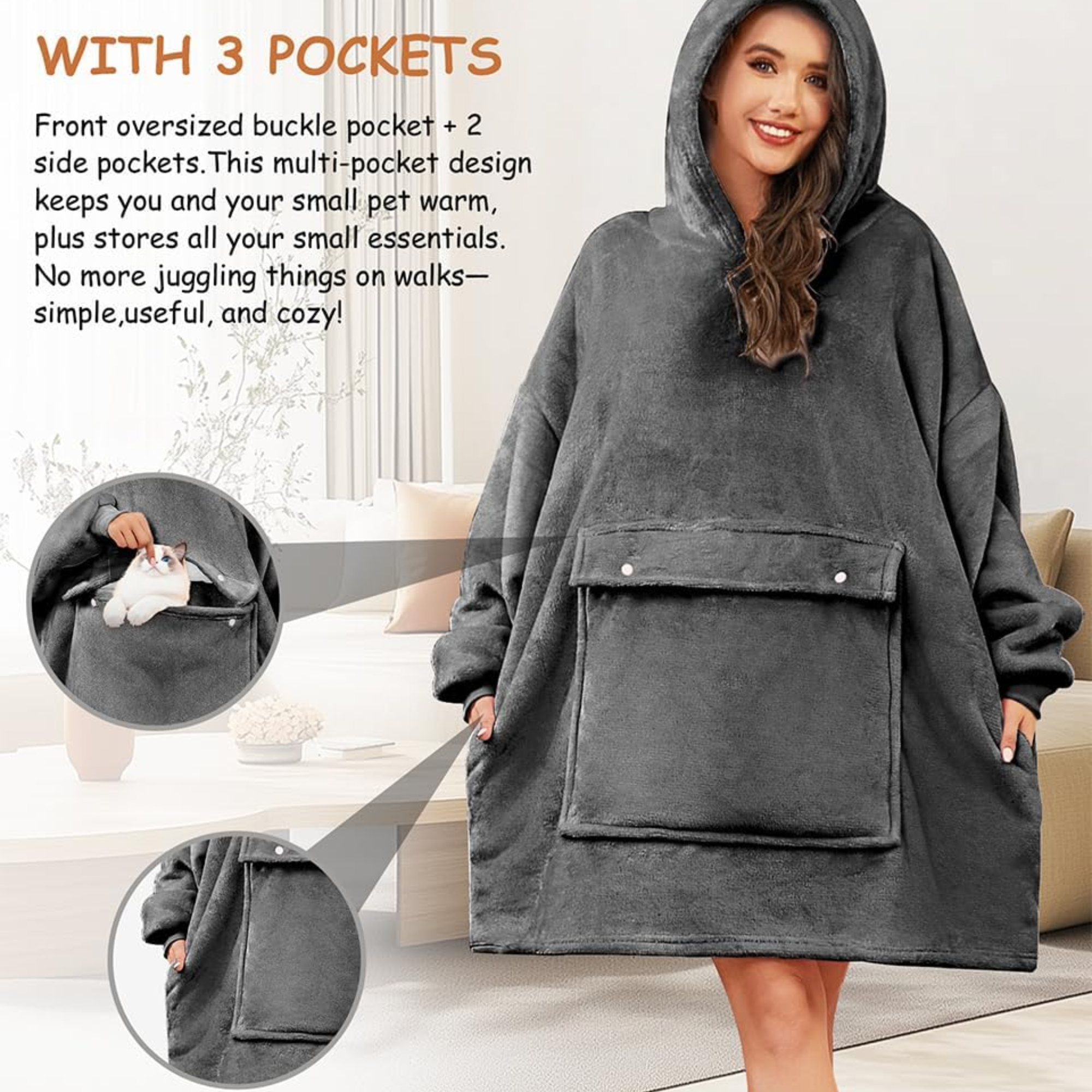 Wearable Blanket Hoodie with Pet Pouch & 2 Side Pockets