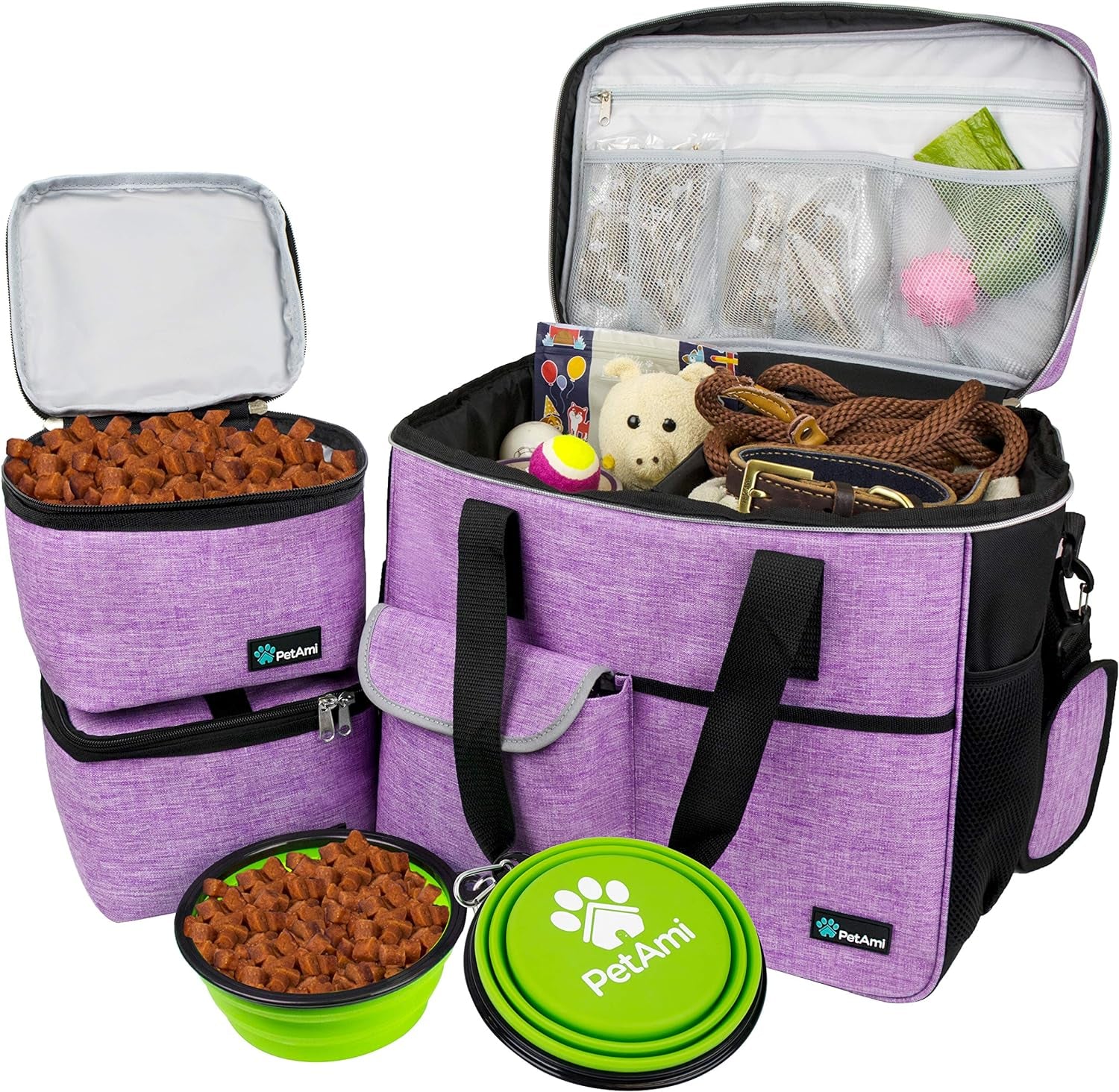 Dog Travel Bag Organizer – Pet Travel Set with Food Container & Bowls, Weekend Camping Supplies