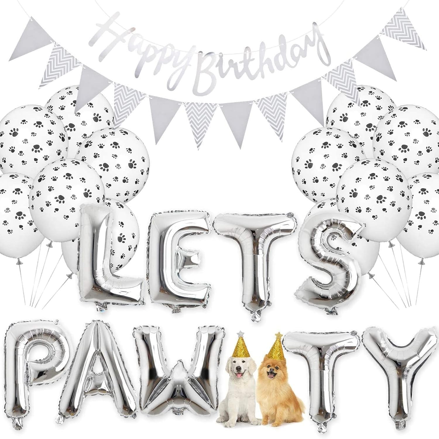 🎉🐾 Pet Birthday Party Decoration Kit for Dogs & Cats 🎂✨ Includes Latex Balloons, Sequined & Paw Balloons, LETS PAWTY Foil Balloon, Happy Birthday Banner, Triangle Flag Banner & 2 Conical Party Hats 🎈 Perfect Dog & Cat Party Supplies