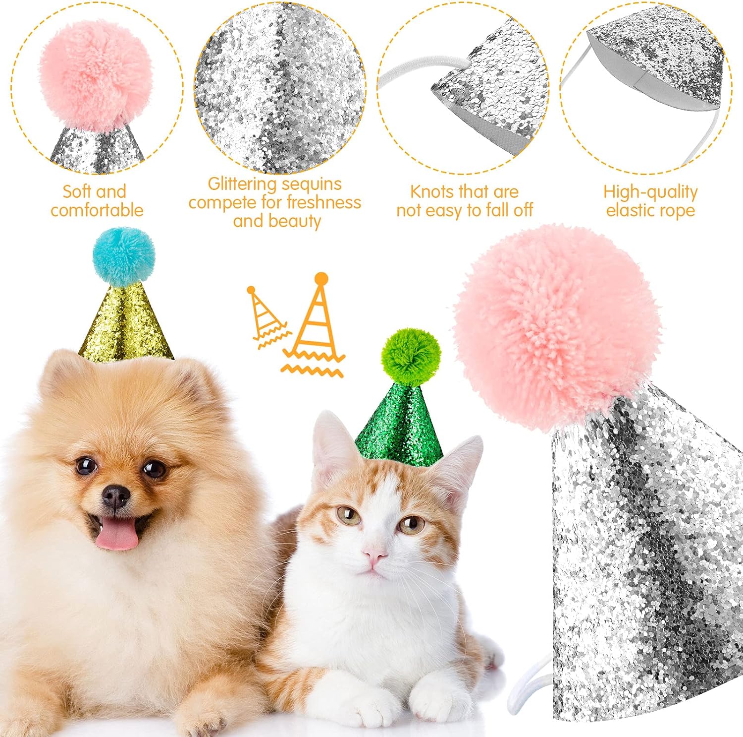  🎉🐾 4 Sparkly Pet Birthday Hats – Glitter Cone with Pom Pom 🎂✨
