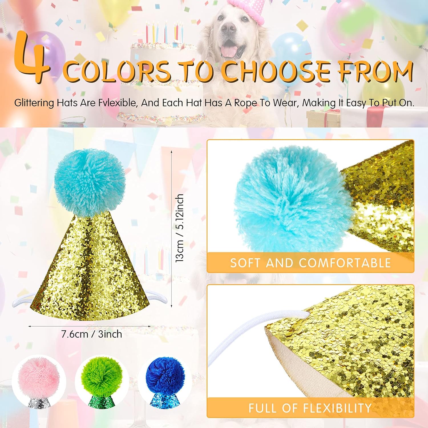  🎉🐾 4 Sparkly Pet Birthday Hats – Glitter Cone with Pom Pom 🎂✨